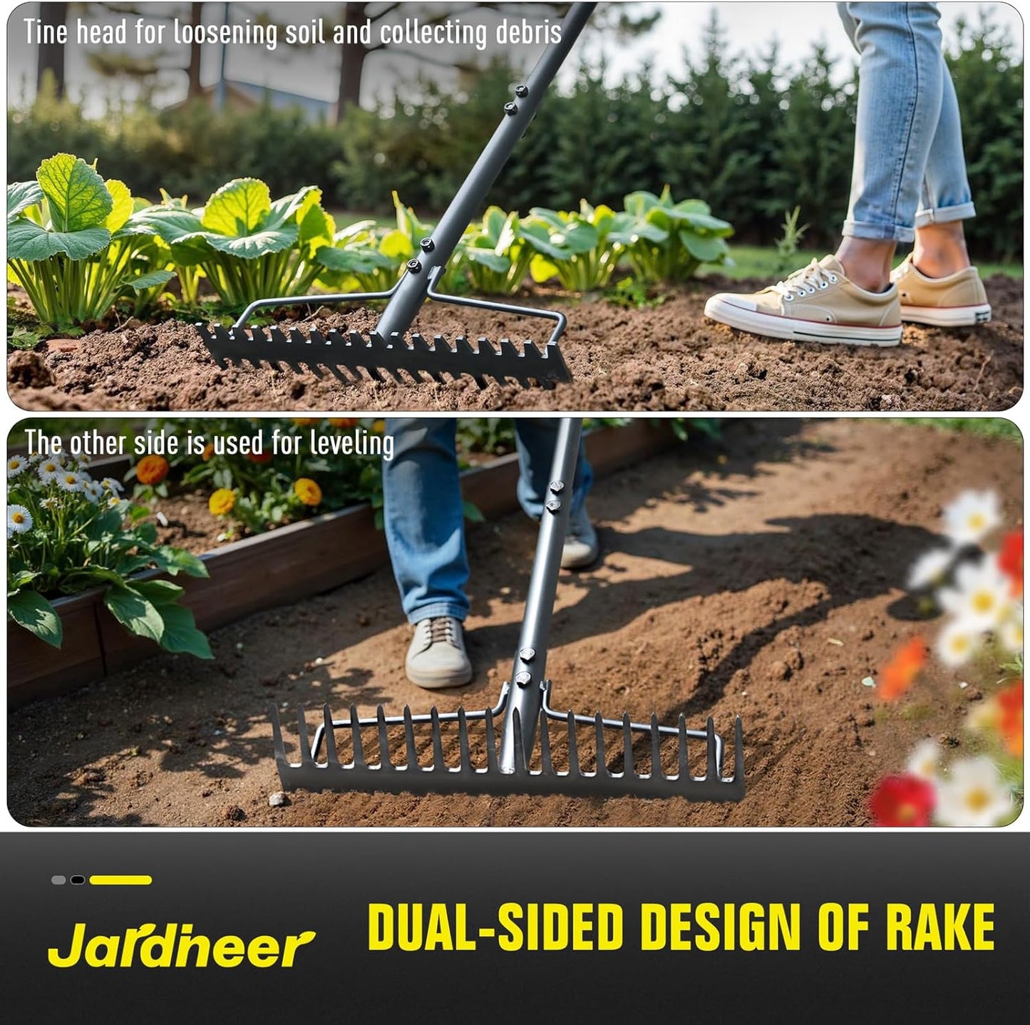 Jardineer Bow Rake Heavy Duty, Long Handle Metal Rakes for Gravel, Rocks, Lawns Leaves, Soil Leveling, Landscaping, Garden Rake with 18 Steel Tines (59 Inches)