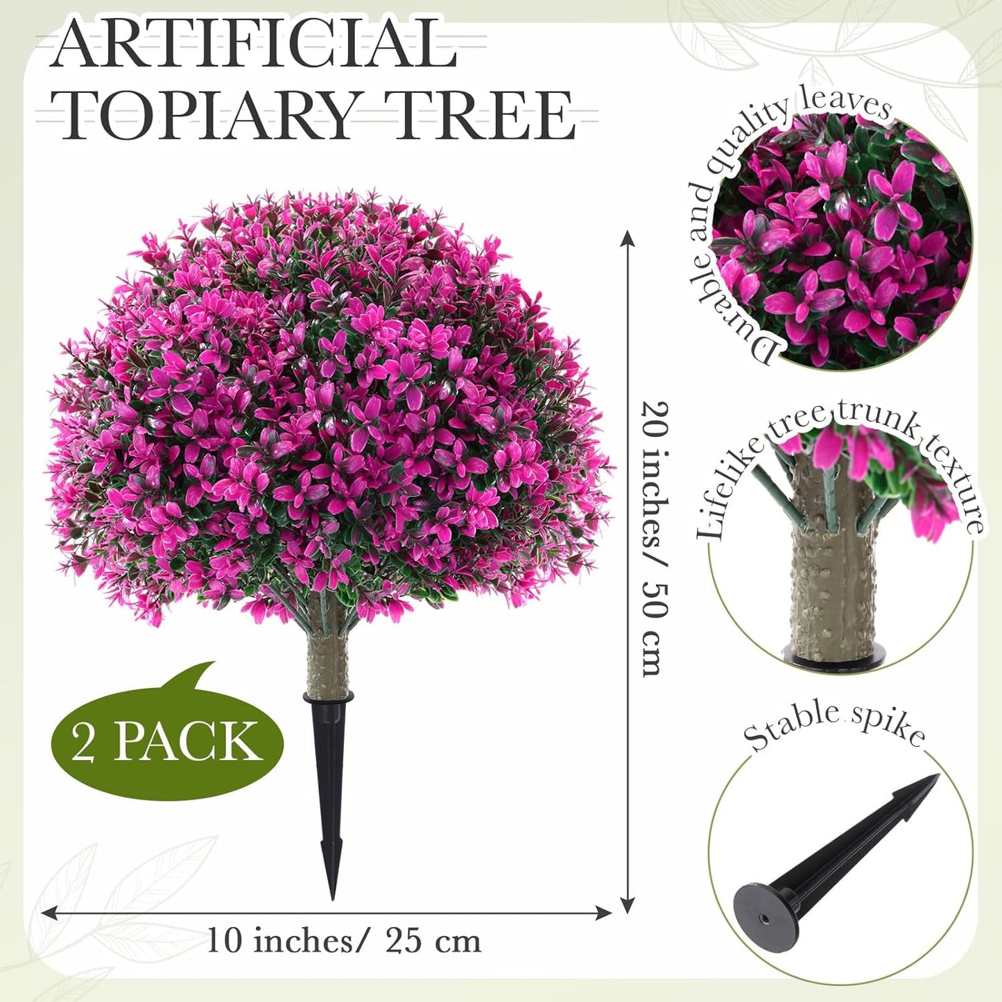 Yunlly 2 Pack 18" Artificial Boxwood Ball Bush Topiary Trees Fake Outdoor Plants, Realistic UV Resistance Faux Shrubs with Spike Greenery Topiary for Front Porch Garden Yard Patio Indoor (Fuchsia)