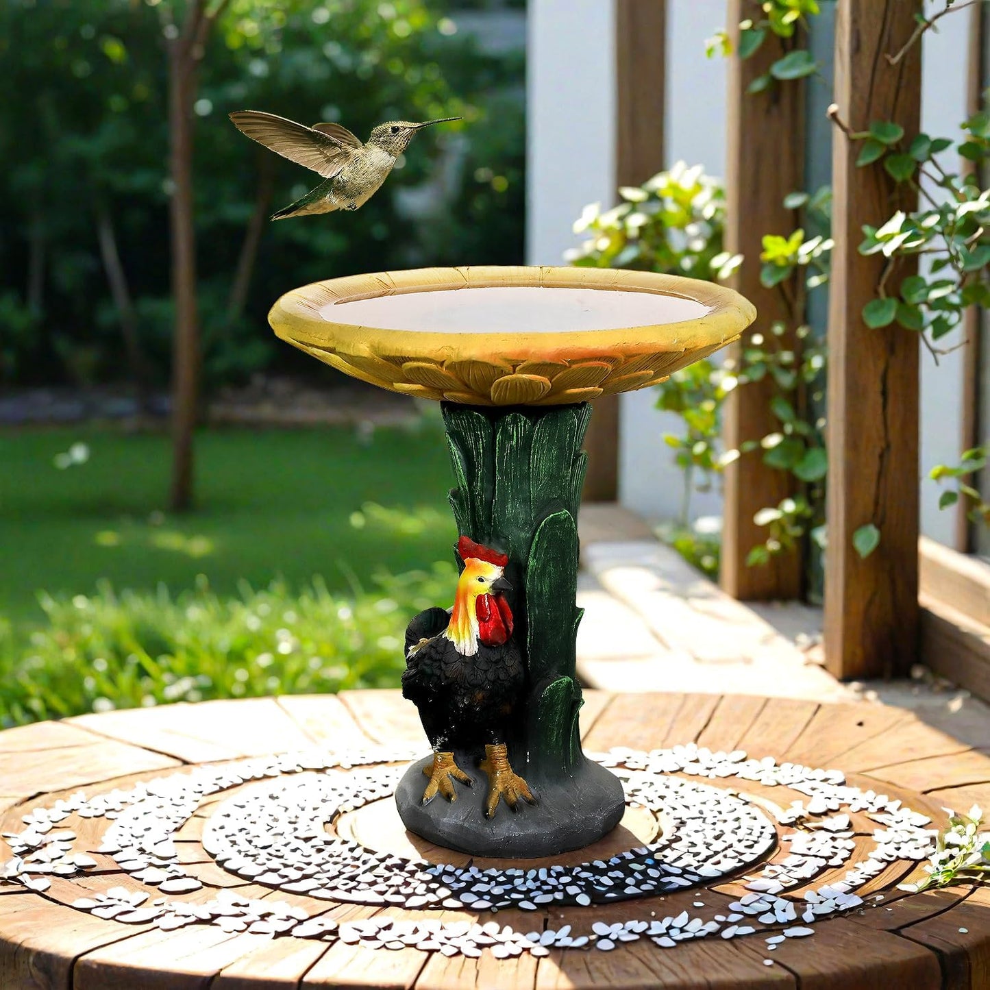 SKYFIRE 23" H Outdoor Concrete Bird Bath - Sunflower Birdbath Bowl with Leaf Pedestal for Garden, Patio, Lawn, Yard, Outdoor Decor -20”Dia. X 23”H Rooster and Chicken Bird Bath Outdoor Garden Statue