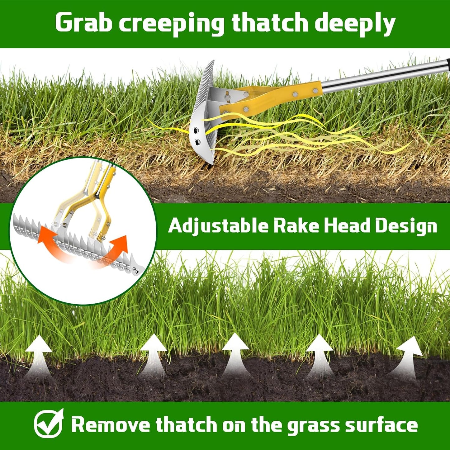 Thatch Rake, 15 Inch Wide Lawn Thatching Rakes for Cleaning Dead Grass, Efficient Metal Steel Lawn Dethatcher with Sponge Handle, Lawn loosening Soil Grass Rake (Silver)
