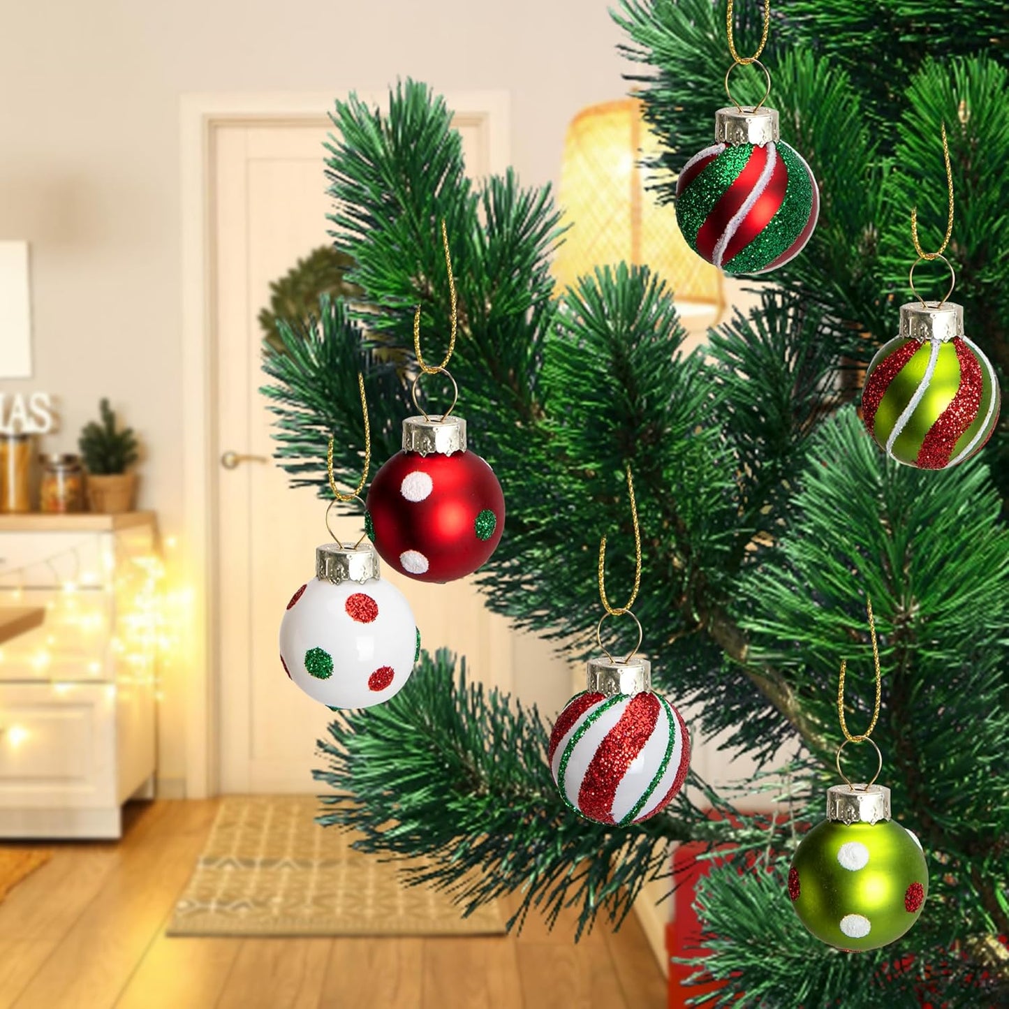 Watayo 24 Pcs Christmas Glittering Elf Balls Glass Ornaments for Tree, 1" Mini Painted Swirl Dots Elf Balls Hanging Ornaments, Christmas Red Green Ball Tree Decoration for Xmas Party Home Decor