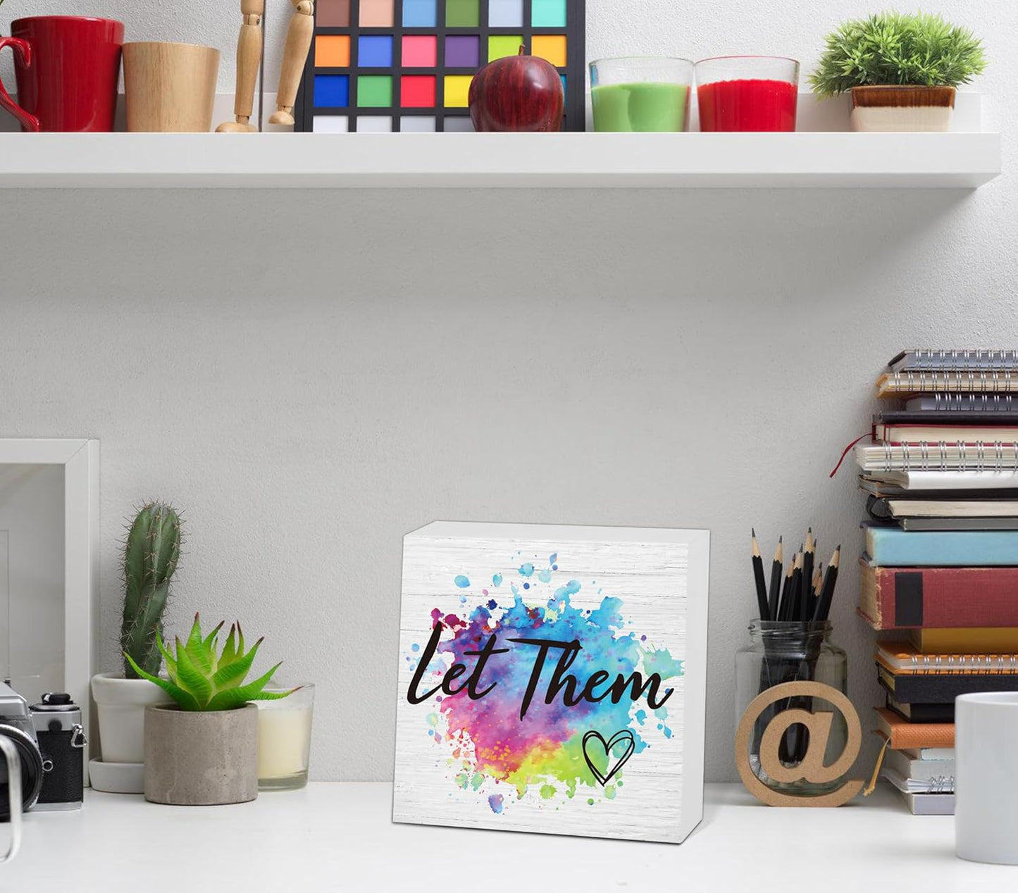 Let Them Wooden Sign, Desk Decorations For Women Office, 5x5 Inch Colorful Splash Funny Office Decor Wood Box Sign, Desk Shelf Cubicle Accessories, Appreciation Gifts for Coworkers Boss, 01