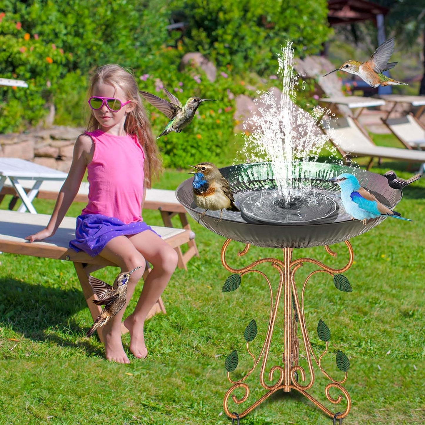 Vintage Metal Bird Bath for Outside, 13" Dia Birdbaths Bowl with Cast Iron Pedestal, Large Antique Bird Feeder with Folding Bracket for Outdoors Garden Patio Yard Decor (Purple Lotus)
