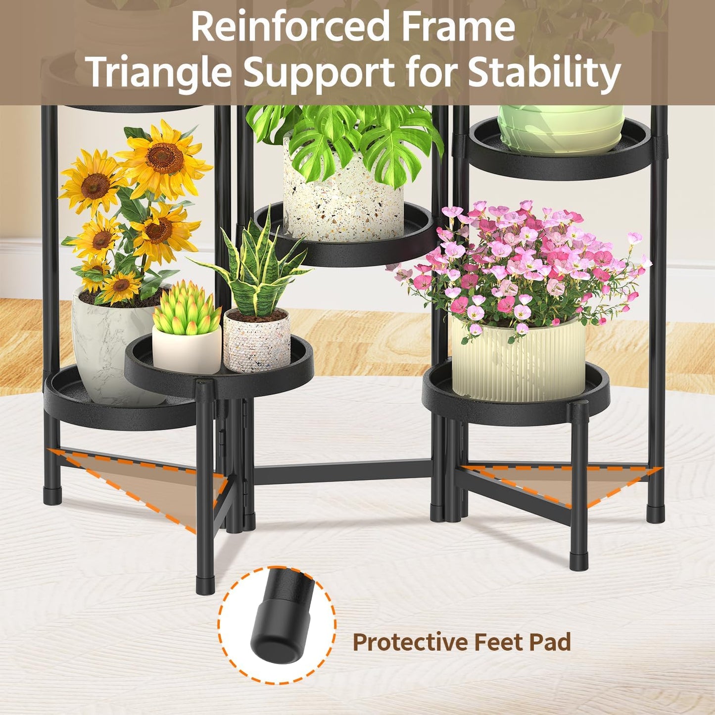 LASZOLA 8 Tiered Folding Plant Stand Indoor for Multiple Large Planter, Tall Heavy Duty Adjustable Rack with Rust Proof Plastic Shelving, Sturdy Vertical Tree Organizer for Narrow Inside Floor, Black