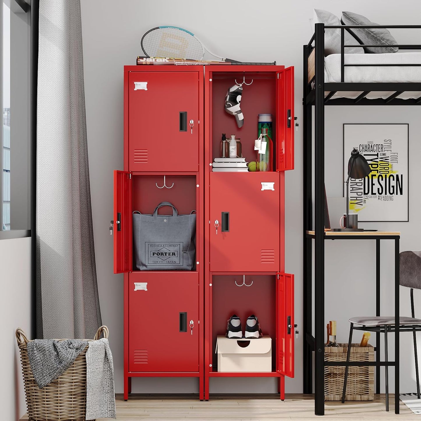 66" H*15.75" D*15.75" W Steel Storage Cabinet,3 Doors Metal Storage Locker for Employees,Employee Lockers with Lock,Hooks and Card Slot for School Gym Home Office, Assembly Required,Red,240 LBS