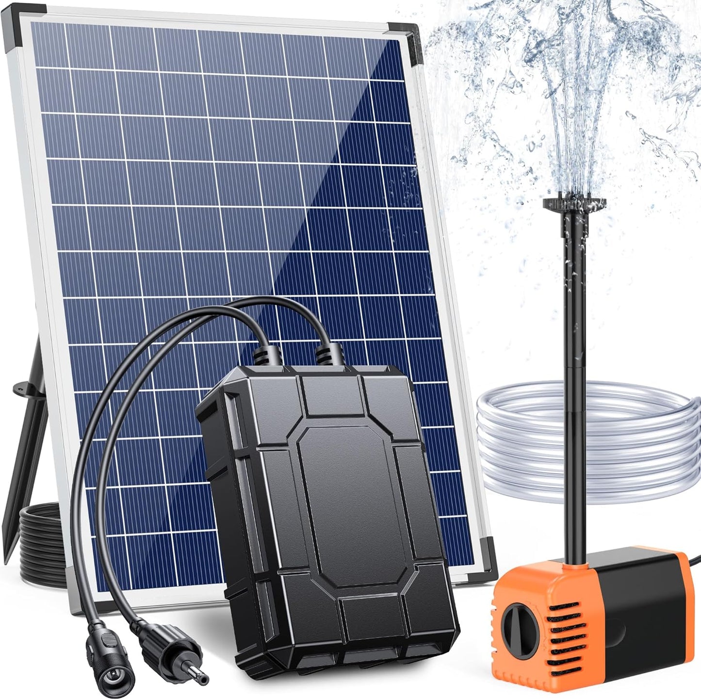Antfraer 25W Solar Water Pump with 2600mAh Battery Backup, Solar Fountain Pump with Water Flow Adjustable, Submersible Solar Water Fountain Kit with PVC Tubing & 17Ft Long Cord for Fish Pond Waterfall