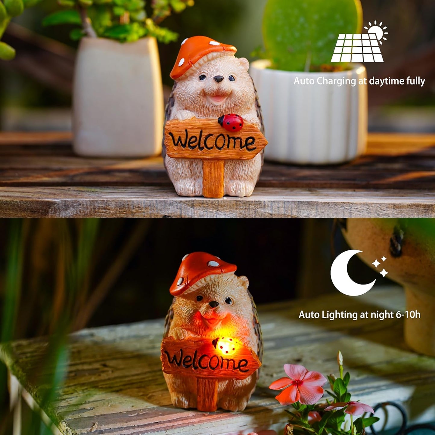 Garden Hedgehog Welcome Sign Statue with Mushroom Hat, Solar LED Ladybug Light, Outdoor Decorative Figurine, Housewarming Gift for Patio,Yard,Lawn Ornament