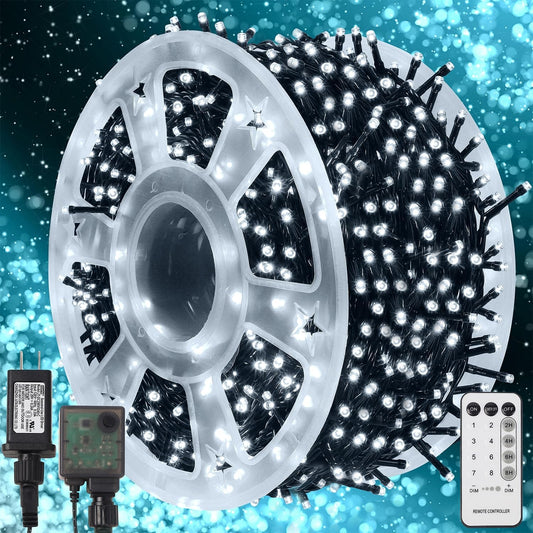 WATERGLIDE 1000 LED Christmas String Lights, 328 FT Green Wire LED Decorative Fairy Lights with Remote & 8 Modes, Waterproof for Outdoor Xmas Holiday Party Garden Wedding Home Decor, Cool White