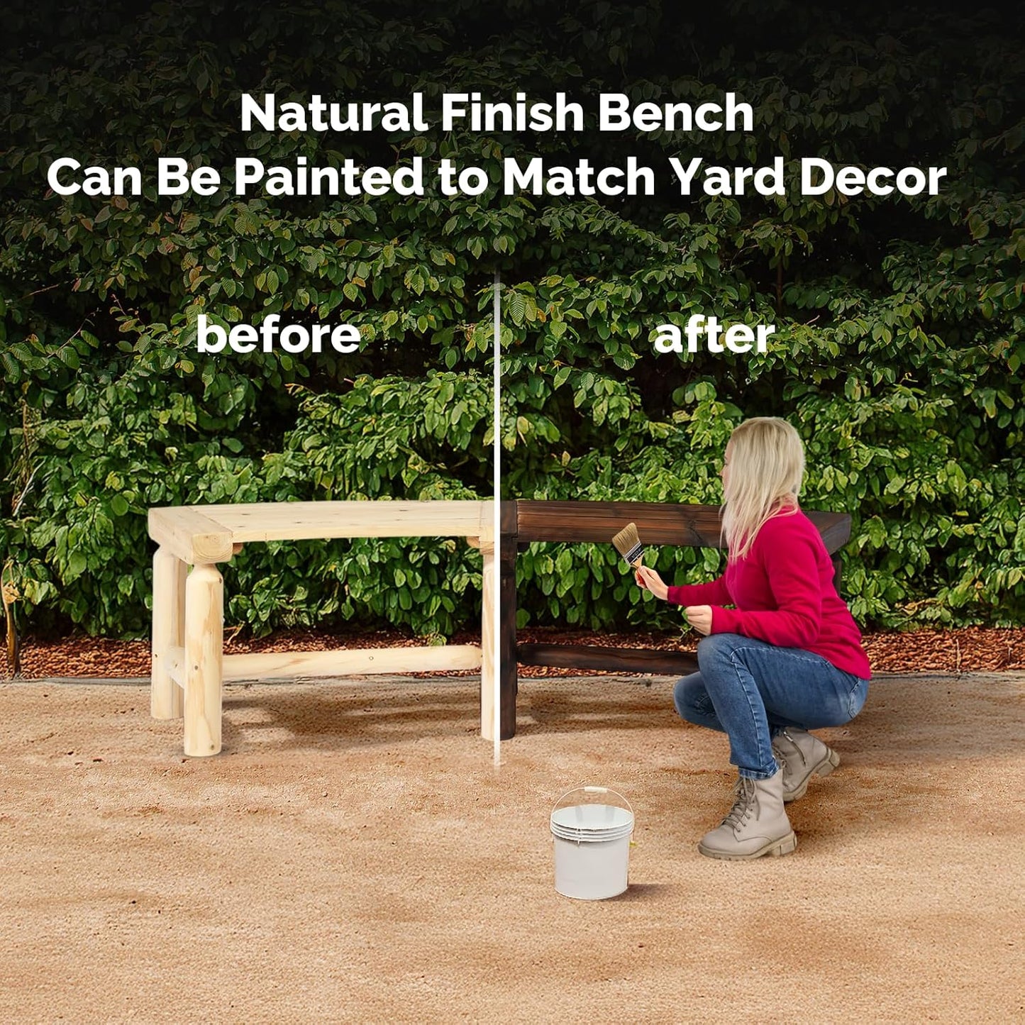 VINGLI Outdoor Bench Wooden Curved Bench, All-Weather Fire Pit Backless Patio Bench, 2-Person Seating Rustic Garden Bench for Backyard Porch Deck Entryway (Natural)