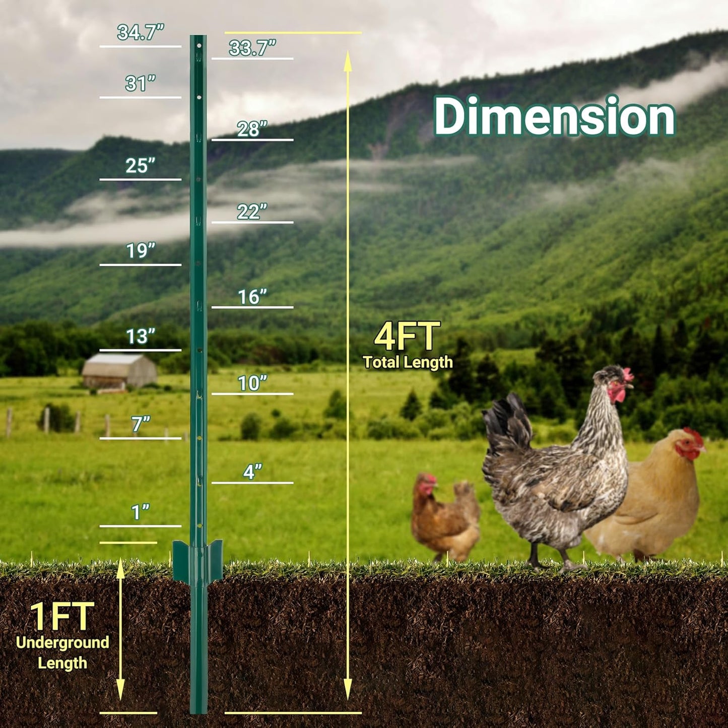 Fence Posts 4 Ft - 8 Pack, Heavy Duty Metal Fence Post, No Dig U Post for Farm, Garden, Orchard and Outdoor Wire Fencing (Green)