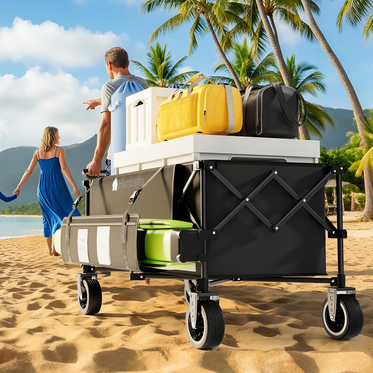 48″ Extra-Large Folding Wagon Cart, 560LBS Capacity, 350L Heavy Duty Utility Cart with Brakes, All-Terrain Wheels, 600D Oxford Fabric, Foldable Design for Camping, Beach, Travel, Festival