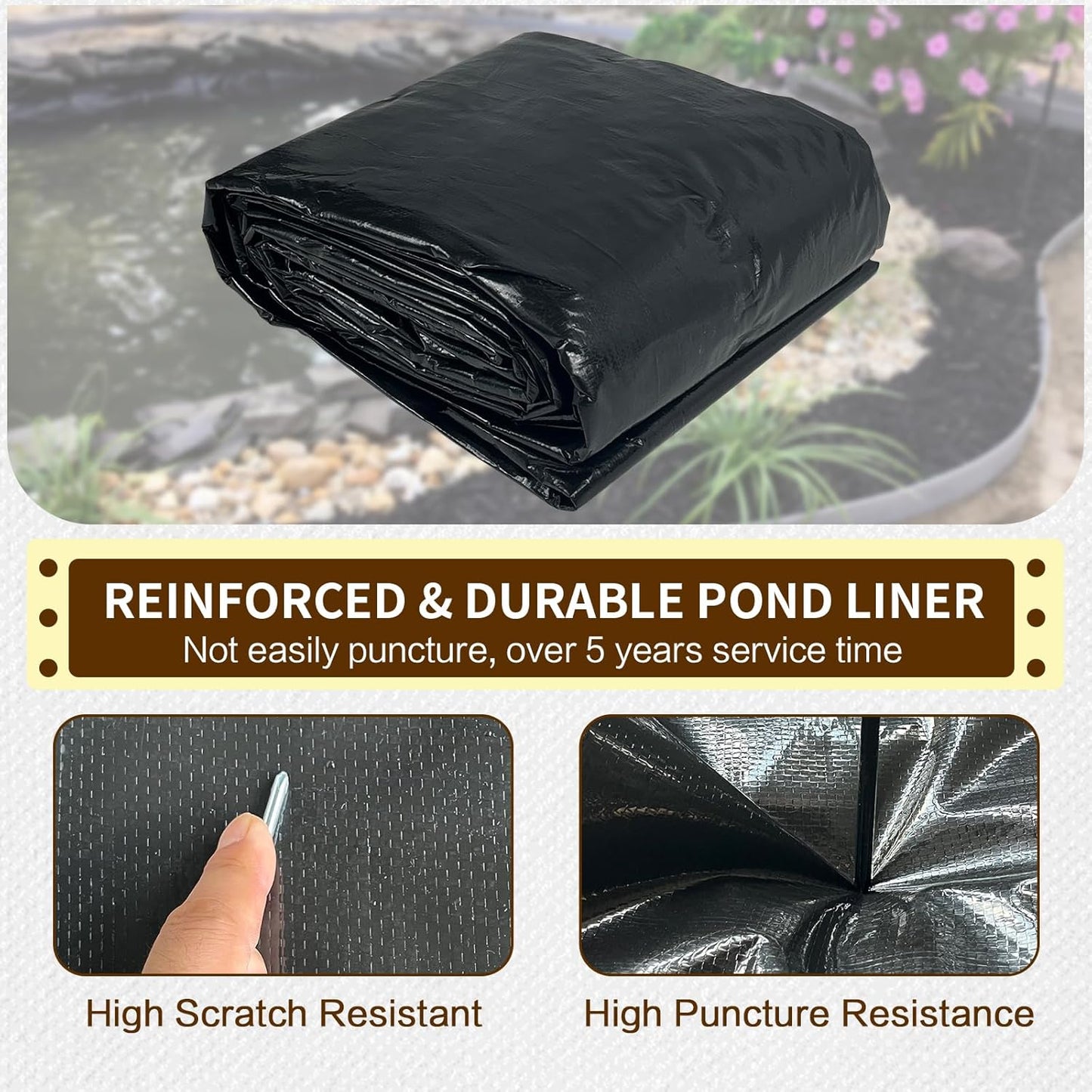 yeezoo 25x30FT Reinforced Large PE Pond Liner, KOI Pond Liners for Outdoor Ponds, Enhanced 5-Layer Structure Pond Liner for Fish, Duck, Garden Raised Bed and Waterscape Pond(0.63oz/sq ft Thickness)