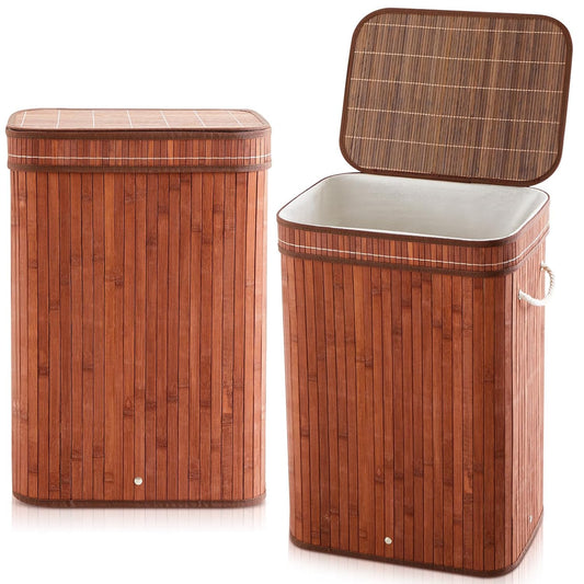 2 Pack Bamboo Slim Trash Can with Lid, 21 Gallon Large Rectangular Trash Bin, Foldable Slim Garbage Can Bamboo Waste Basket for Bathroom Bedroom Office Home Salon Spa (Brown)