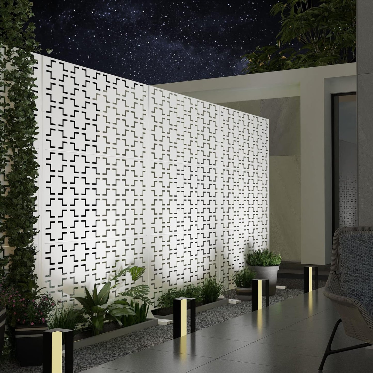 Metal Privacy Screen Outdoor 72" H×47" W,Freestanding Decorative Privacy Screen for Balcony Yard&Garden,Privacy Fence-White&Square