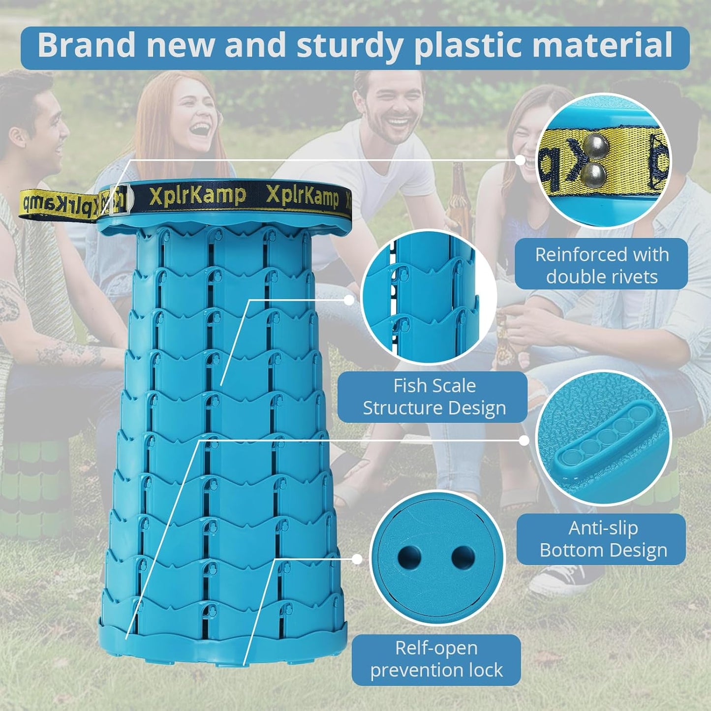 Retractable Folding Stool - Heavy Duty 400 lb Collapsible Portable Stool for Camping, Hiking, Fishing, Indoor/Outdoor with Non-Slip Base and Lightweight Design (Lakeblue, 1-Pack)