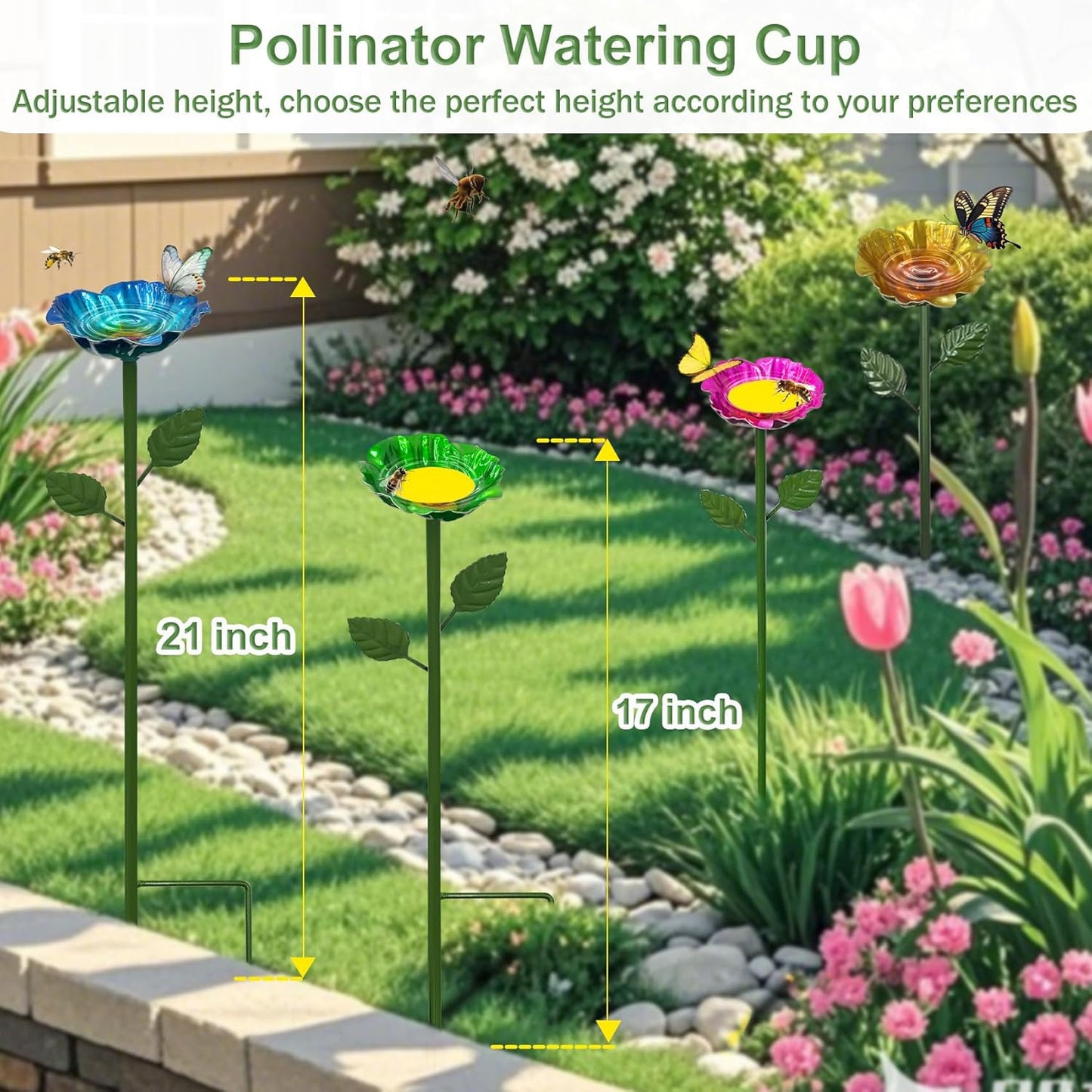 4 Pack Bee Watering Station, Metal Flower Stakes with Float, Pollinator Watering Station for Bees & Butterflies Feeder Outdoor Garden Decor