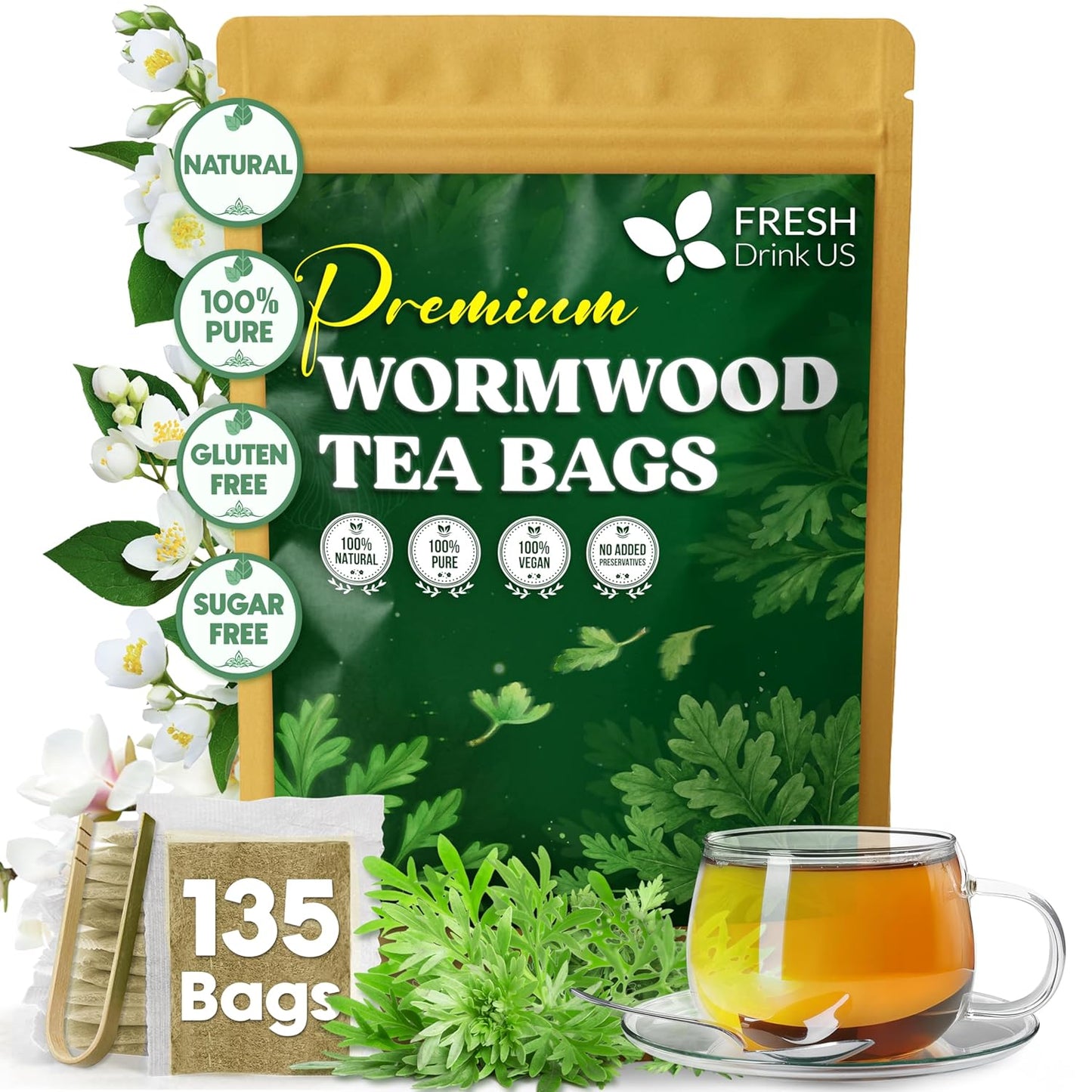 FreshDrinkUS, Premium Wormwood Tea - 135 Tea Bags - Handcrafted Herbal Blend, Caffeine-Free – Smooth Taste & Naturally Refreshing.