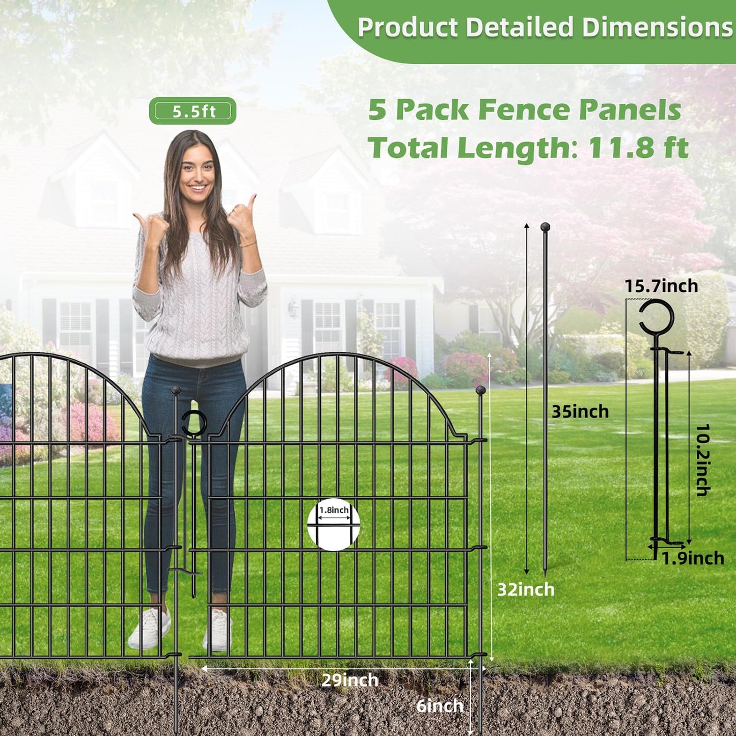 Decorative Metal Garden Fence with Gate Lock 5 Panels, 32in (H) x 11.8ft (L) No Dig Dog Fence Outdoor for Yard, Temporary Rustproof Metal Wire Rabbit Dog Garden Border Fencing for Patio