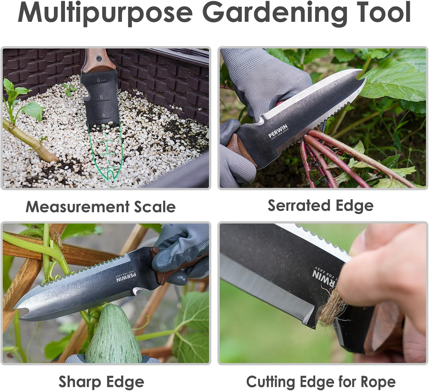 Hori Hori Garden Knife, Garden Tools with Sheath for Weeding,Planting,Digging, 7" Stainless Steel Blade with Cutting Edge, Full-Tang walnut Wood Handle with Hanging Hole