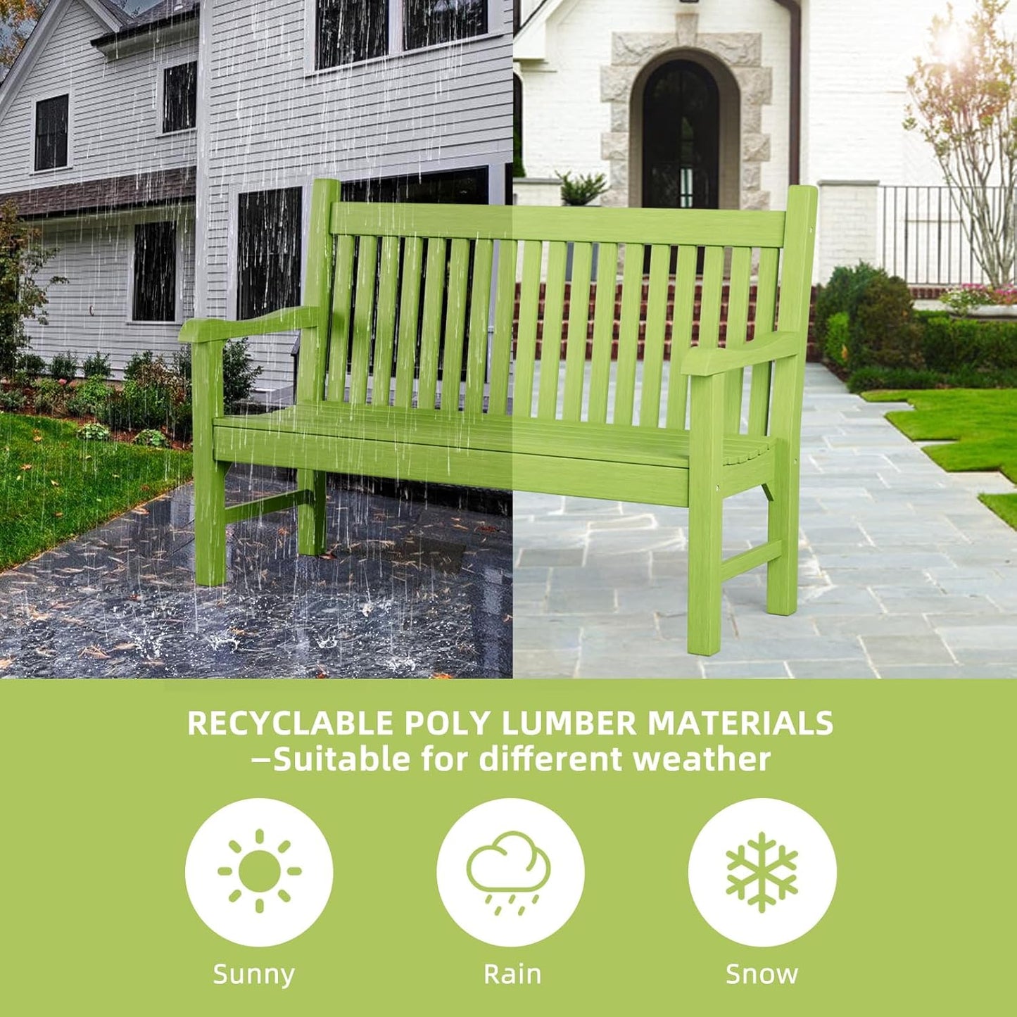 Outdoor Bench, 2-Person HDPS Garden Bench with 660 lbs Weight Capacity Outdoor Benches Weatherproof, All-Weather Fade/Rot Resistant Patio Bench for Park, Front Porch, Backyard Green