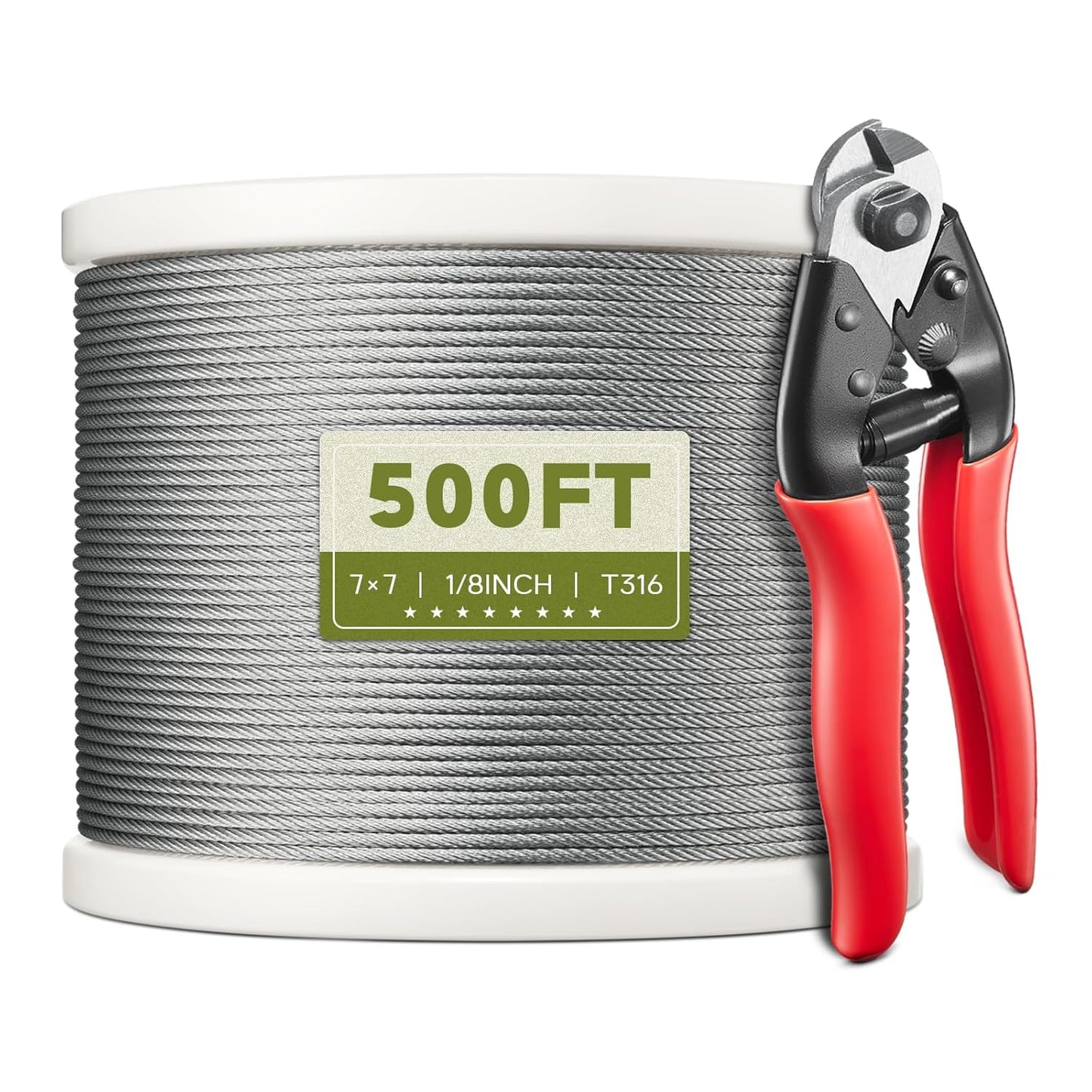 500FT 1/8" T316 Stainless Steel Cable, Wire Rope Aircraft Cable for Deck Cable Railing Kit and DIY Balustrades, 7x7 Strands Construction, Comes with a Cutter