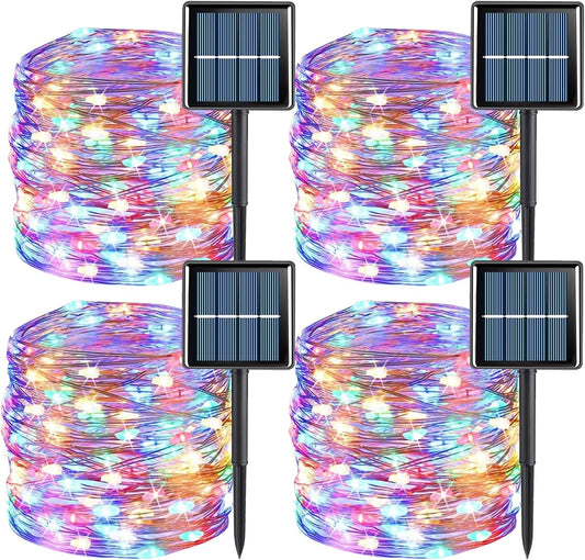 YEGUO Solar Fairy Lights Outdoor Waterproof, 4 Pack Each 33ft 100 LED String Lights, 8 Modes Silver Wire Twinkle Lights (Multicolor)