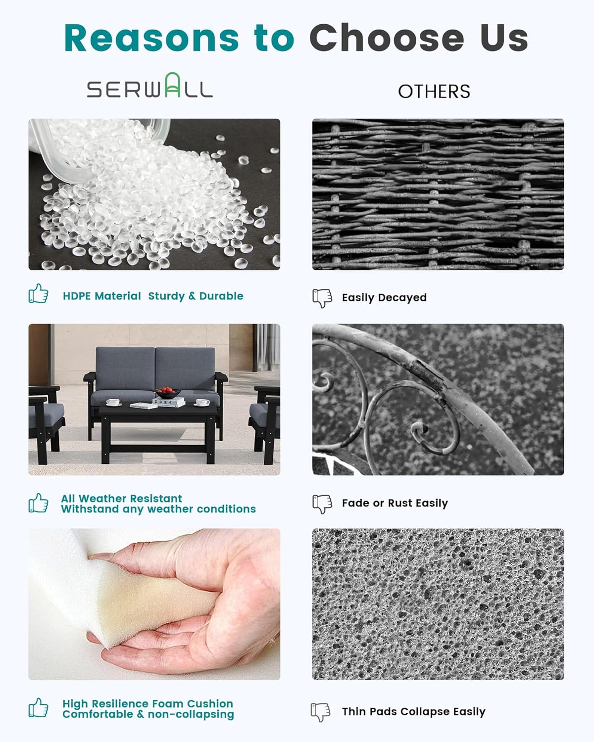 SERWALL Outdoor Patio Furniture Set, 5 Piece HDPE Patio Conversation Sets, All-Weather Wood-Like Outdoor Couch Loveseat and Coffee Table with Thick Cushions for Porch Balcony Garden Backyard