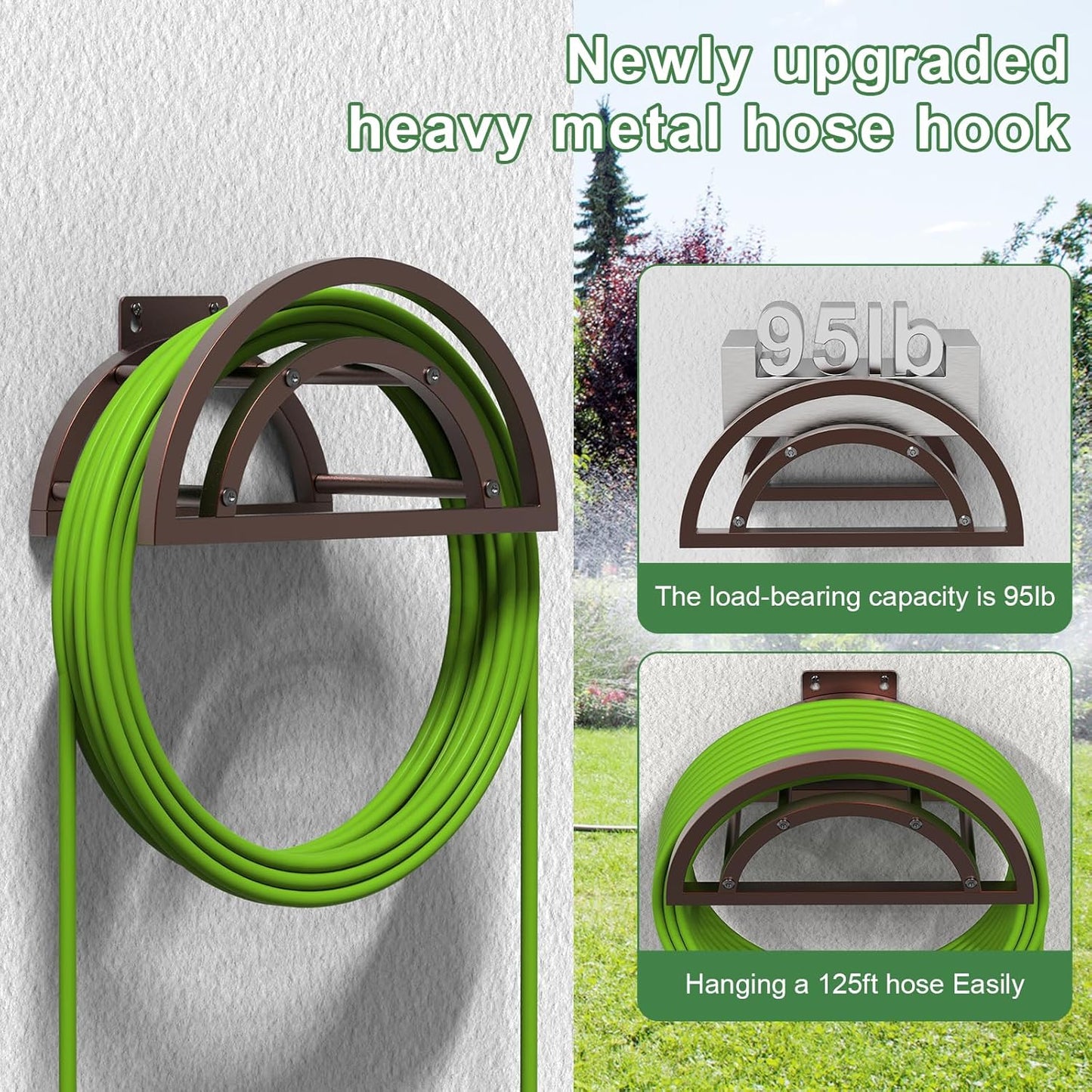 2 Pack Garden Hose Holder, Outdoor Hose Holder Wall Mounted Holds 125-ft Hose, Heavy Duty Metal Hose Hanger, Sturdy Detachable Hose Reel Storage Organizer, Hose Rack for Outside Garden Lawn, Bronze