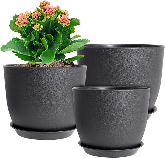 10/9/8 inch Medium Plant Pots, 3 Pack Modern Decorative Plastic Planters with Drainage Holes and Saucers, Flower Pots for Indoor Outdoor Plants, Black