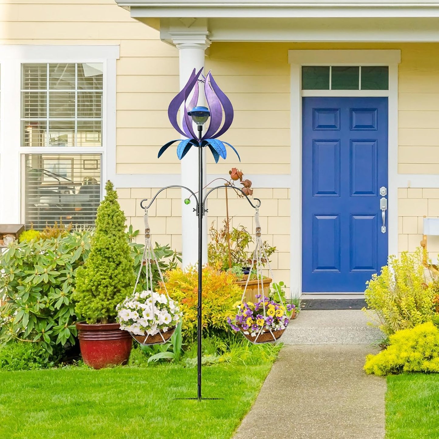 J-Fly Metal Wind Spinner Outdoor Terrace Windmill LED Solar Landscape Light Outdoor Garden Decoration for Lawn Garden Park Decoration Double Coconut Flower Basket Metal Pile 83 Inch