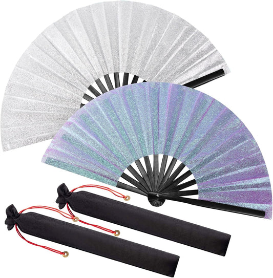Maitys 2 Packs Large Clap Fans for Line Dancing Large Chinese Folding Hand Fans for Men and Women, Festival, Tai Ji, Kungfu, Martial Art, Gifts (Glitter Sliver and Purple)