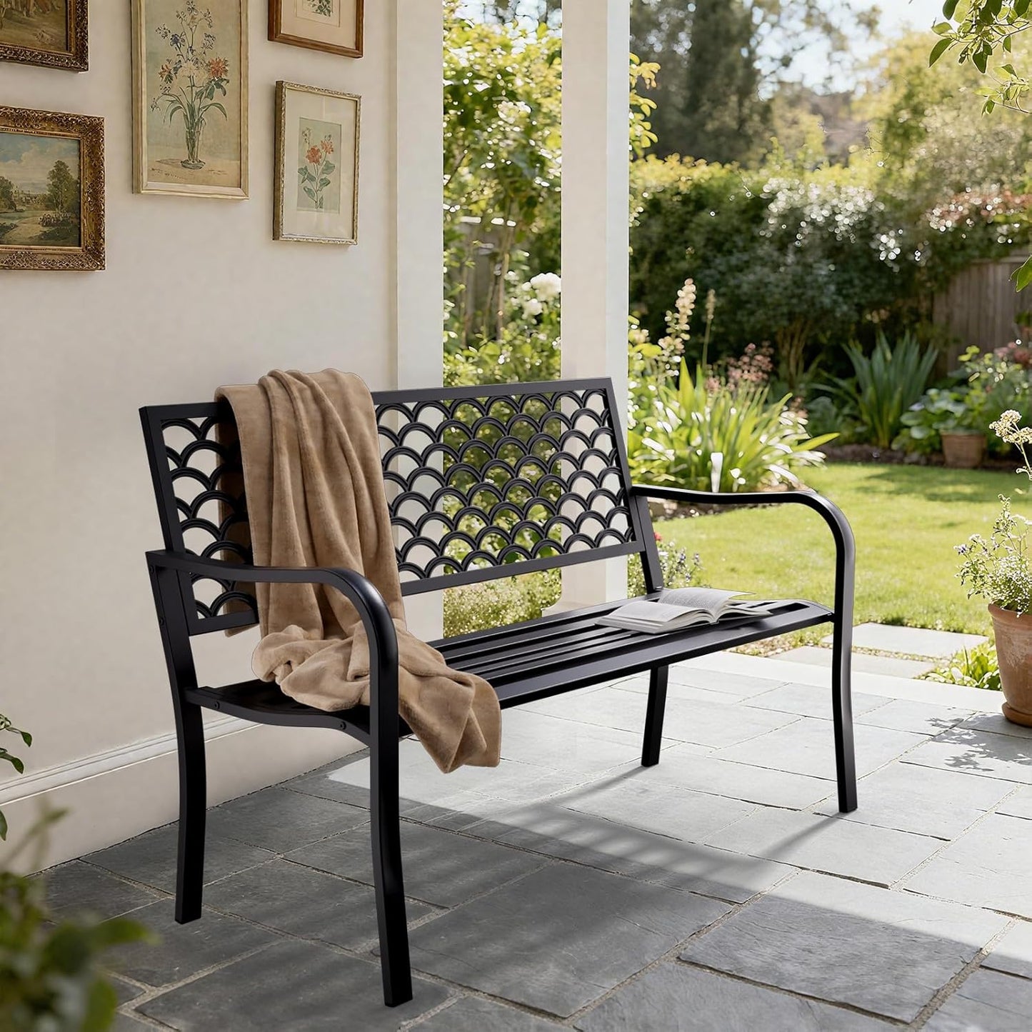 50'' Outdoor Garden Bench, Weatherproof Wrought Iron Metal Patio Bench with Mesh Pattern Backrest, for Front Porch, Park, Yard, Gardens