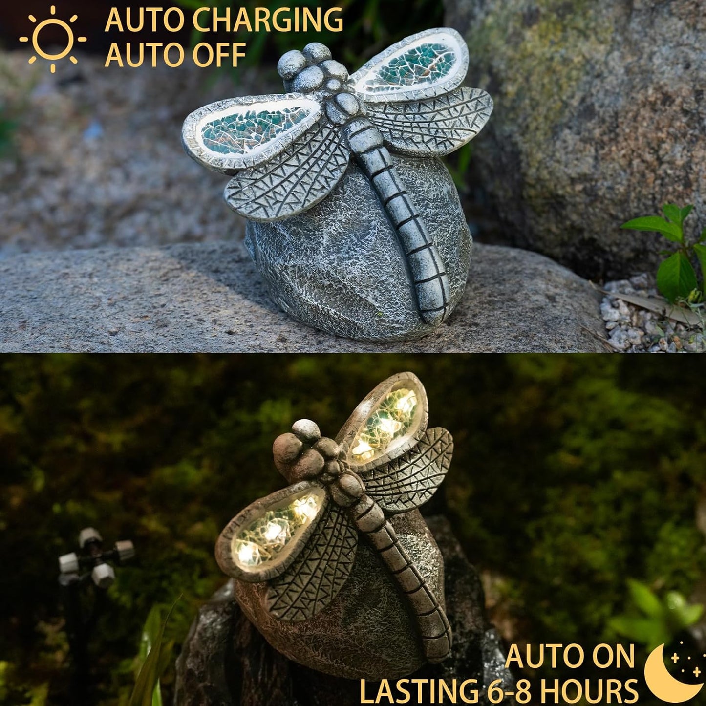 Garden Statue Dragonfly,Solar Dragonfly Decor for Outdoor,Resin Dragonflies Figurine with Solar Light for Patio,Balcony,Yard,Lawn Ornament,Perfect Garden Gift