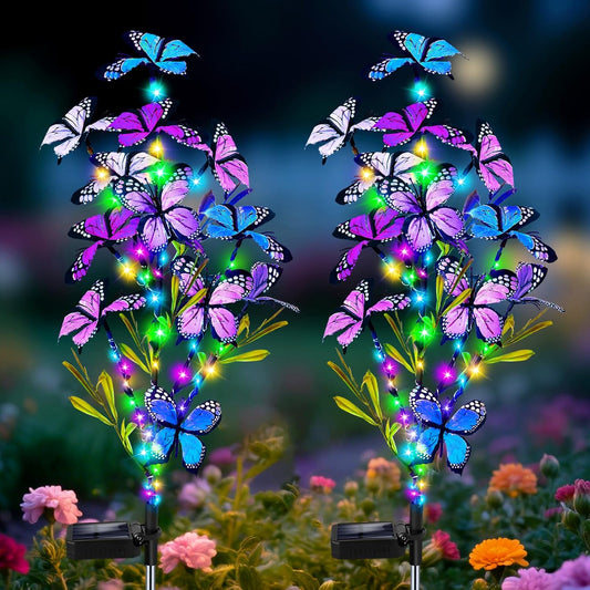 Solar Garden Lights Outdoor, Waterproof 2 Pack Solar Butterfly Lights with 60 LED 12 Butterfly Colorful Lighting for Garden Yard Lawn Outdoor Decor, Gift for Mom Women Mother's Day