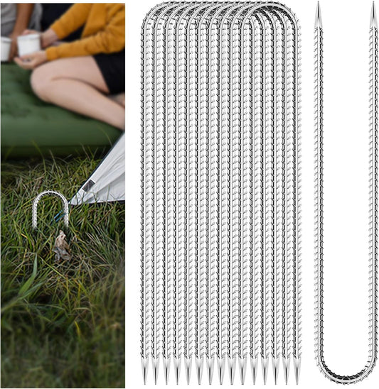 10 PCS Trampoline Stakes Anchors High Wind Heavy Duty,U Shaped Garden Hooks Stakes for Ground,Trampoline Tie Down Anchor Kit,Bounce Horseshoe House Stake,Rebar Camping Tent Stakes,16 Inch Long Silver
