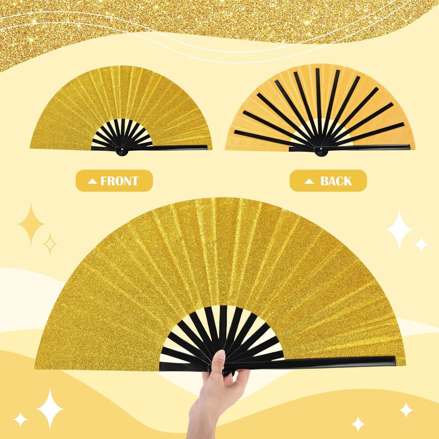 Maitys 2 Packs Large Clap Fans for Line Dancing Large Chinese Folding Hand Fans for Men and Women, Festival, Tai Ji, Kungfu, Martial Art, Gifts (Glitter Green and Gold)