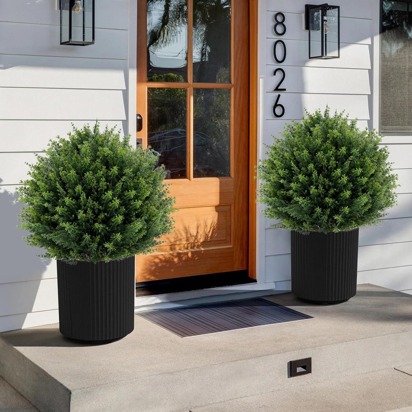 Artificial Cedar Topiary Ball Tree 23" with Ground Spike, Set of 2 Artificial Boxwood Bushes for Faux Shrubs, Fake Evergreen Faux Plant for Indoor Outdoor Porch Garden- UV Resistant – Fade-Proof
