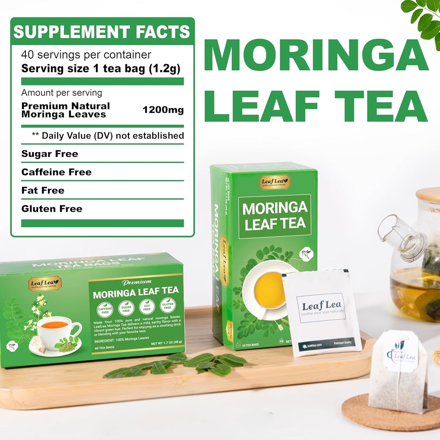 LeafLea 40 Moringa Tea Bags, 100% Natural and Pure Moringa Leaf Herbal Tea, Supports Digestion and Immune Health, Caffeine-Free, Sugar-Free, Vegan