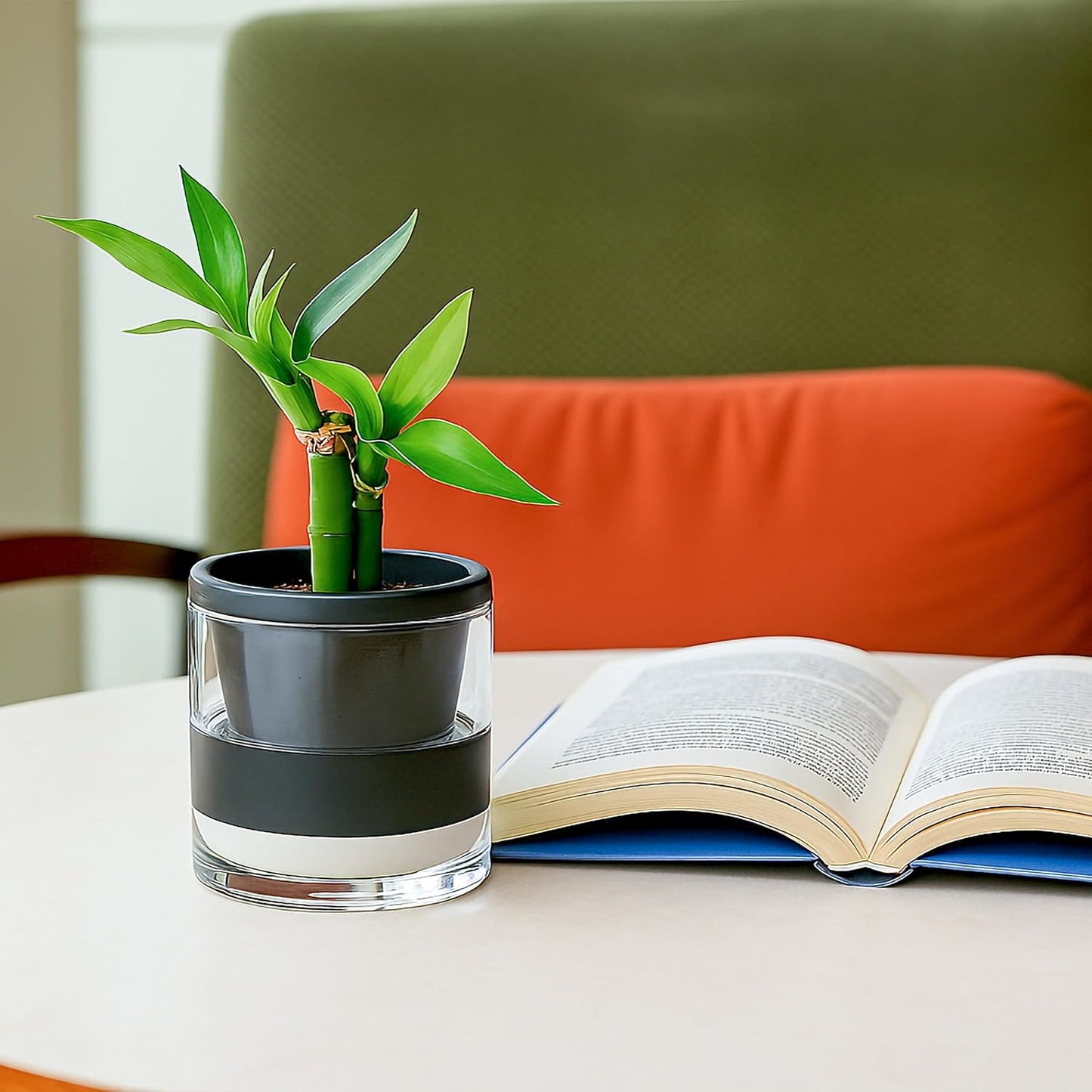 D'vine Dev 4 Inch Design Self Watering Planter for Indoor Plants, Black Terracotta Pot with Cylinder Glass Cup, Set of 3, 37-Z-A-3-T