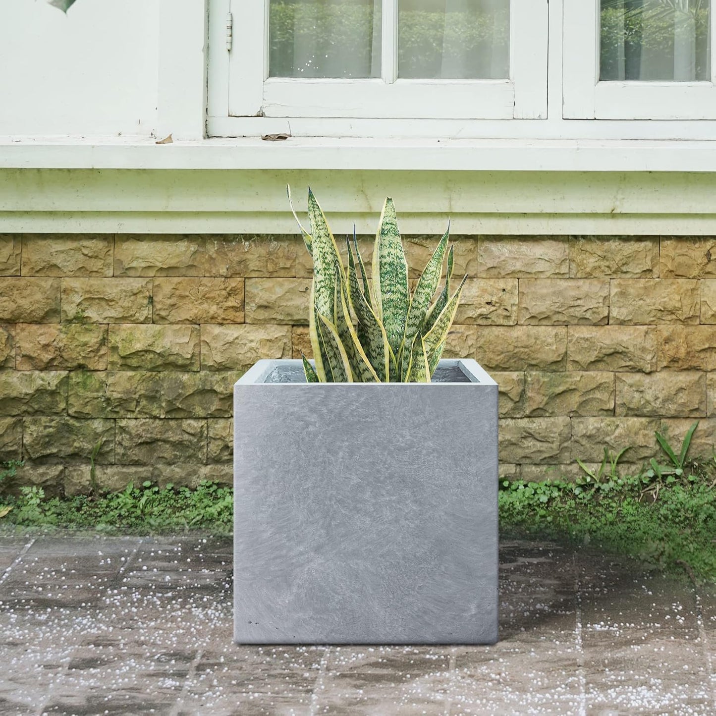 Kante 10 Inch Square Concrete Planter for Outdoor Indoor Home Patio Garden, Large Plant Pot with Drainage Hole and Rubber Plug, Slate Gray