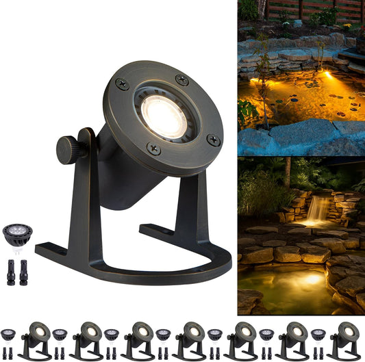 Bronze Pond Light - 12V Low Voltage Solid Brass Submersible Pondlight, IP68 Waterproof Fixture with 4000K MR16 LED Bulb for Outdoor Garden, Landscape, Waterfall, Fountain Lighting(8 Pack)