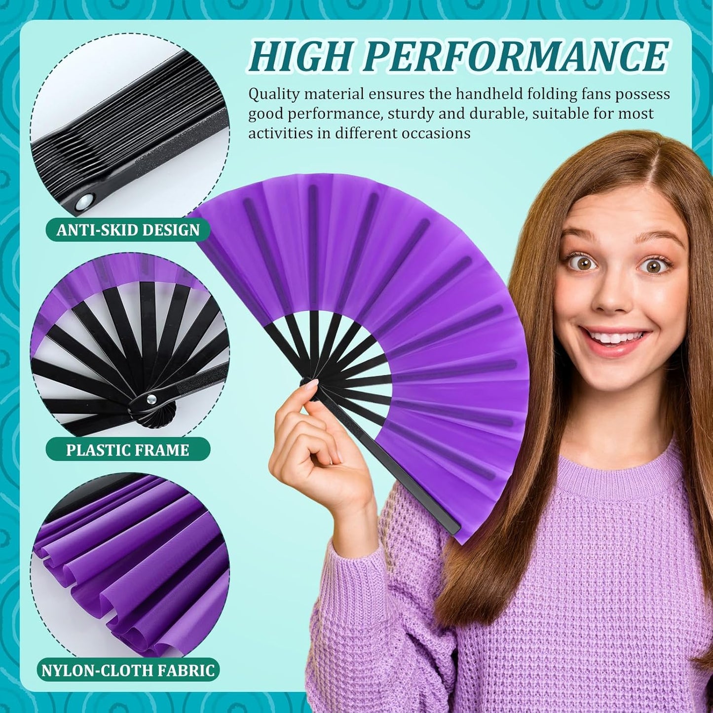 Blulu 4 Pcs 11 Inch Large Folding Hand Fans for Line Dancing Clapping Popping Rave Fans for Kids Women Men for Dancing Boots on The Ground Festival Party Decoration(Classic Style, Classic Color)