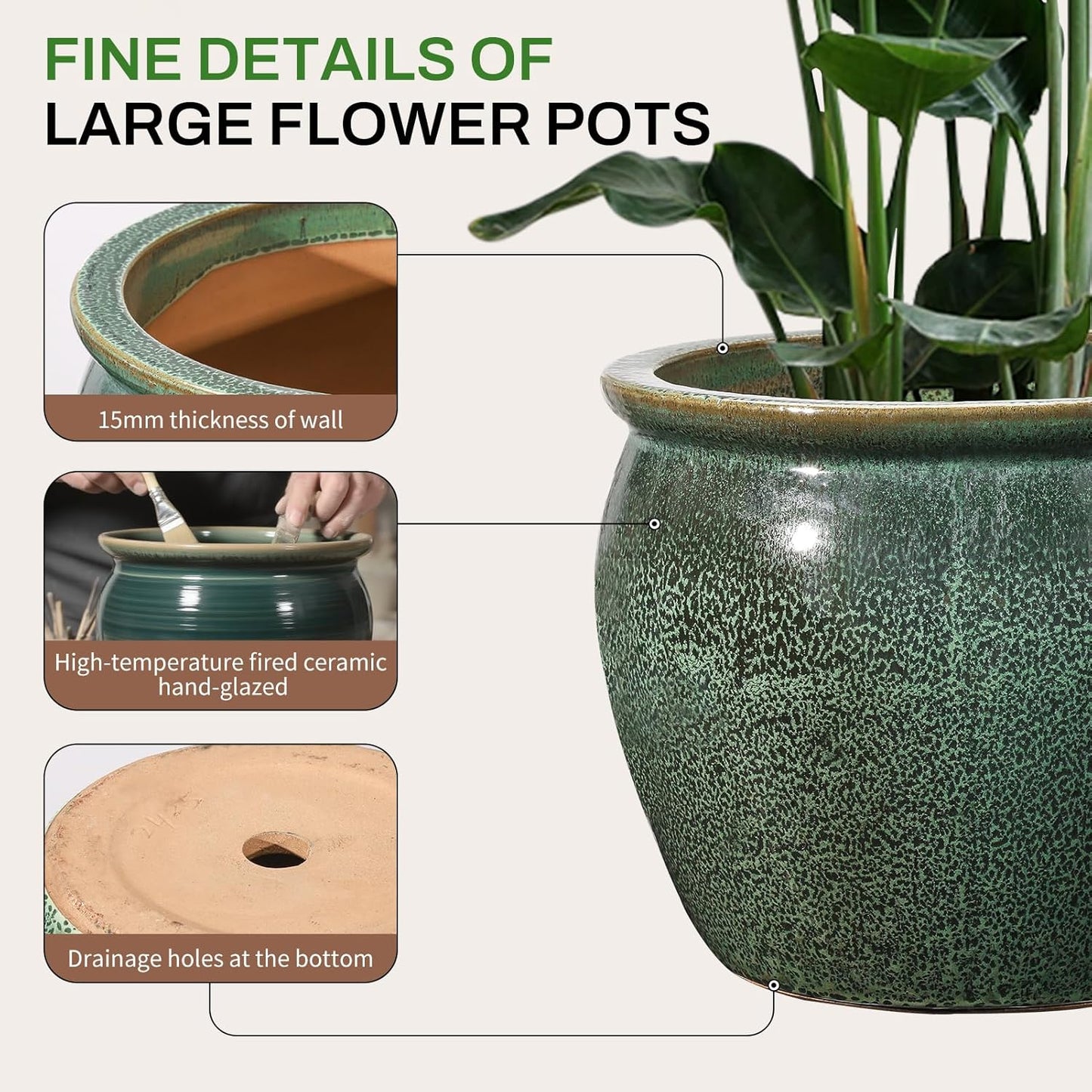 Ceramic Plant Pots Set of 3,9+11.6+14.6 Inch Flower Planters with Drainage Holes Indoor Outdoor, 19.8/8.7/3.8 Qt Capacity, Green Speckled Glaze