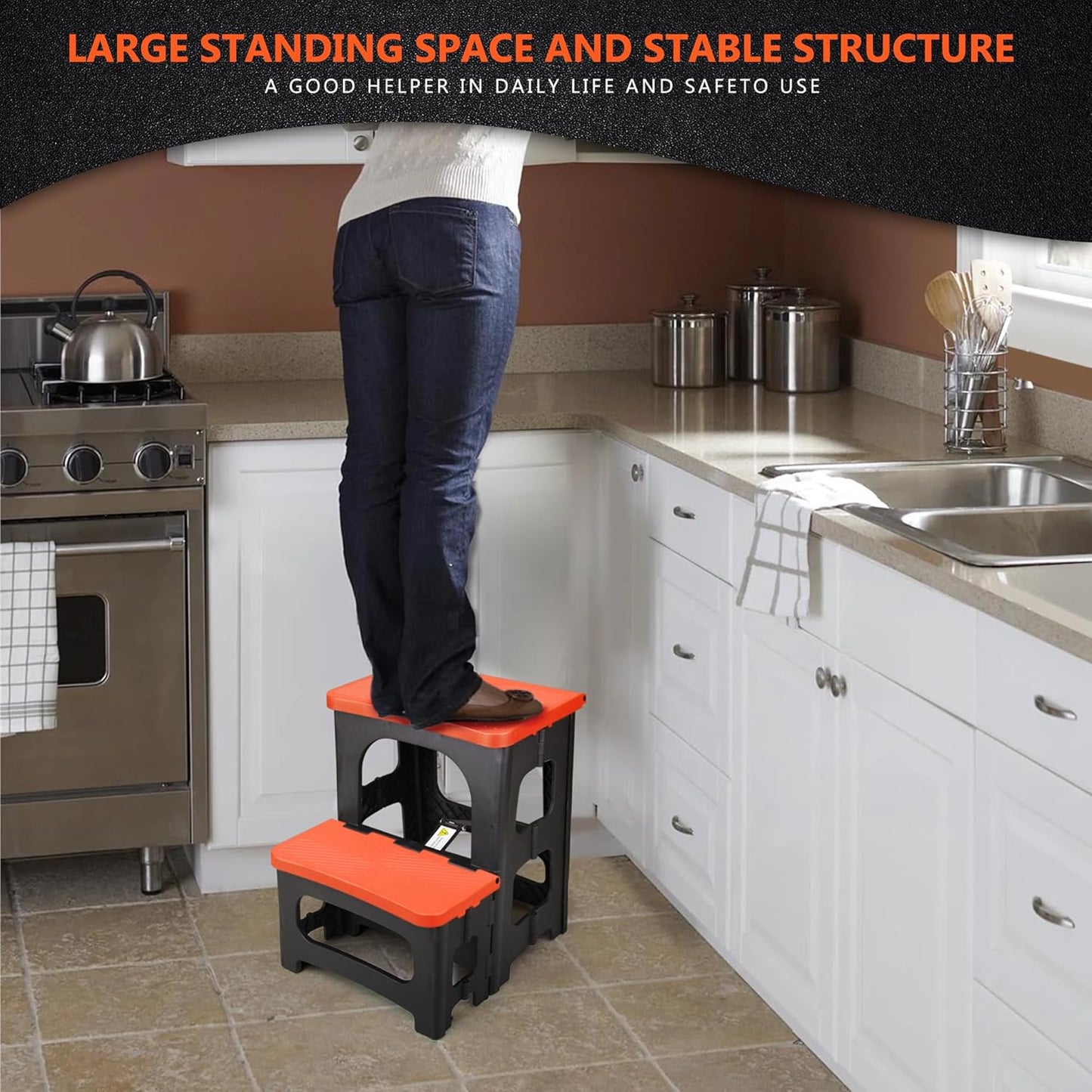 Folding 2-Step Stool, Non-Slip Portable Footstool 8" & 17" Dual Heights, Holds 250 lbs, Portable Footstool for Kitchen Home Toilet Bedroom Office Bathroom RV(Orange)