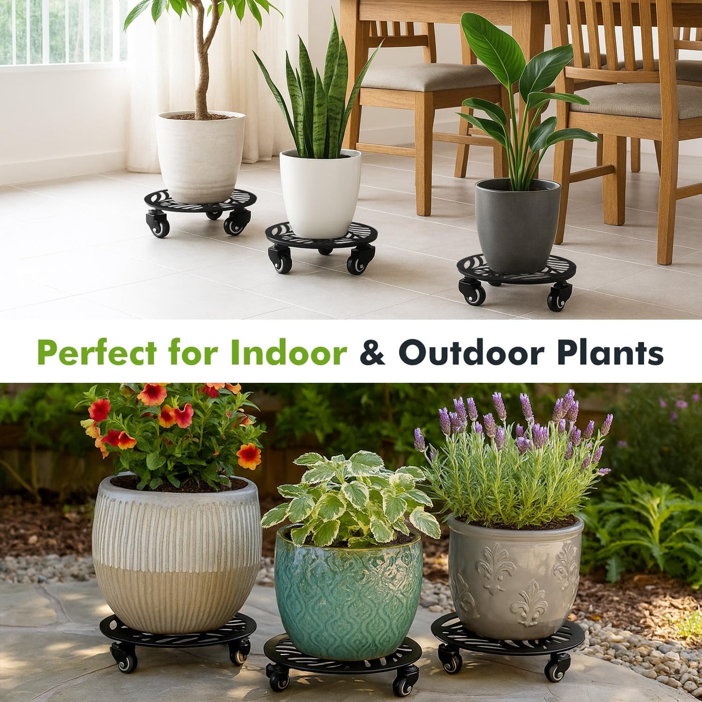 1 Pack 15 inches Extra-Large Metal Plant Caddy with Wheels Heavy-Duty Iron Rolling Plant Stand with Casters Indoor Outdoor Wheeled Plant Roller Base Pot Movers Plant Dolly Coaster Trolley Black