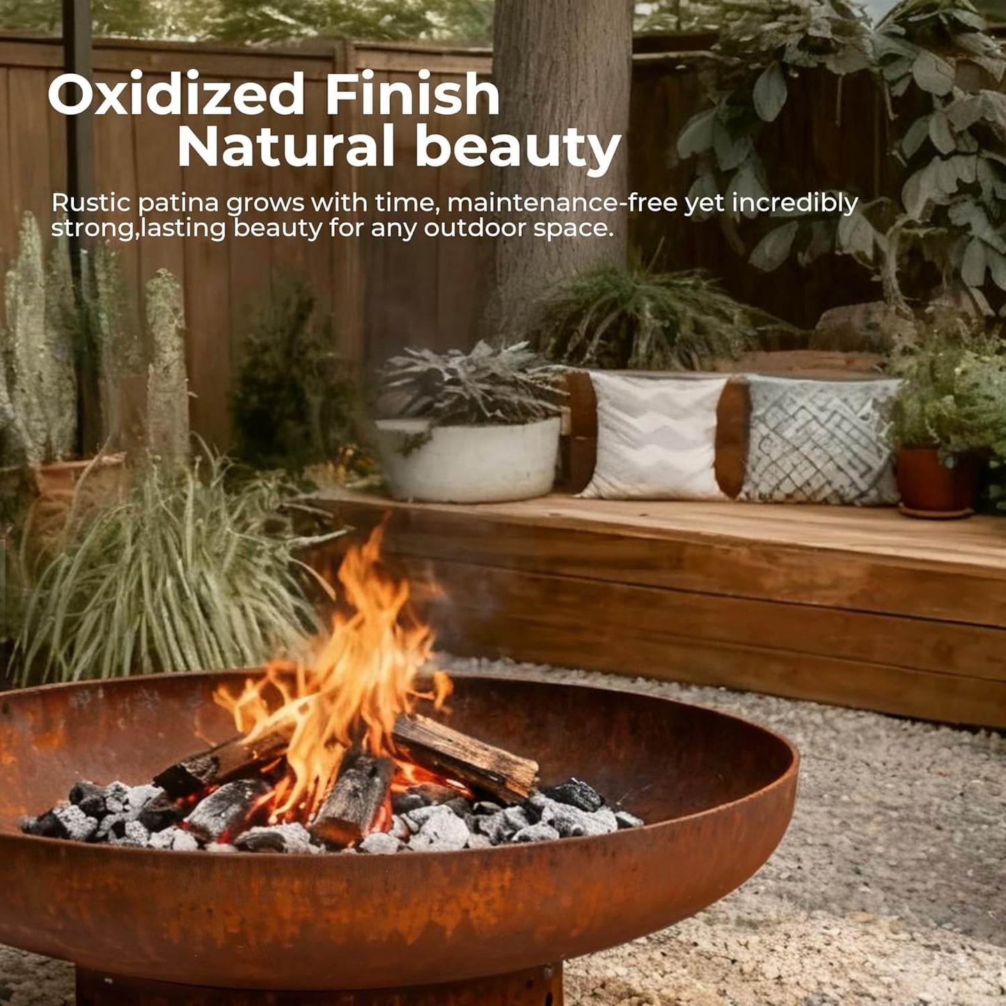 KOL 35" Dia. Heavy-Duty Fire Pit - Pre-Rusted Corten Steel Round Firepit Large Fire Bowl with Stand - Weathering Steel Wood Burning Fireplaces for Outside Backyard Deck Party Bonfire