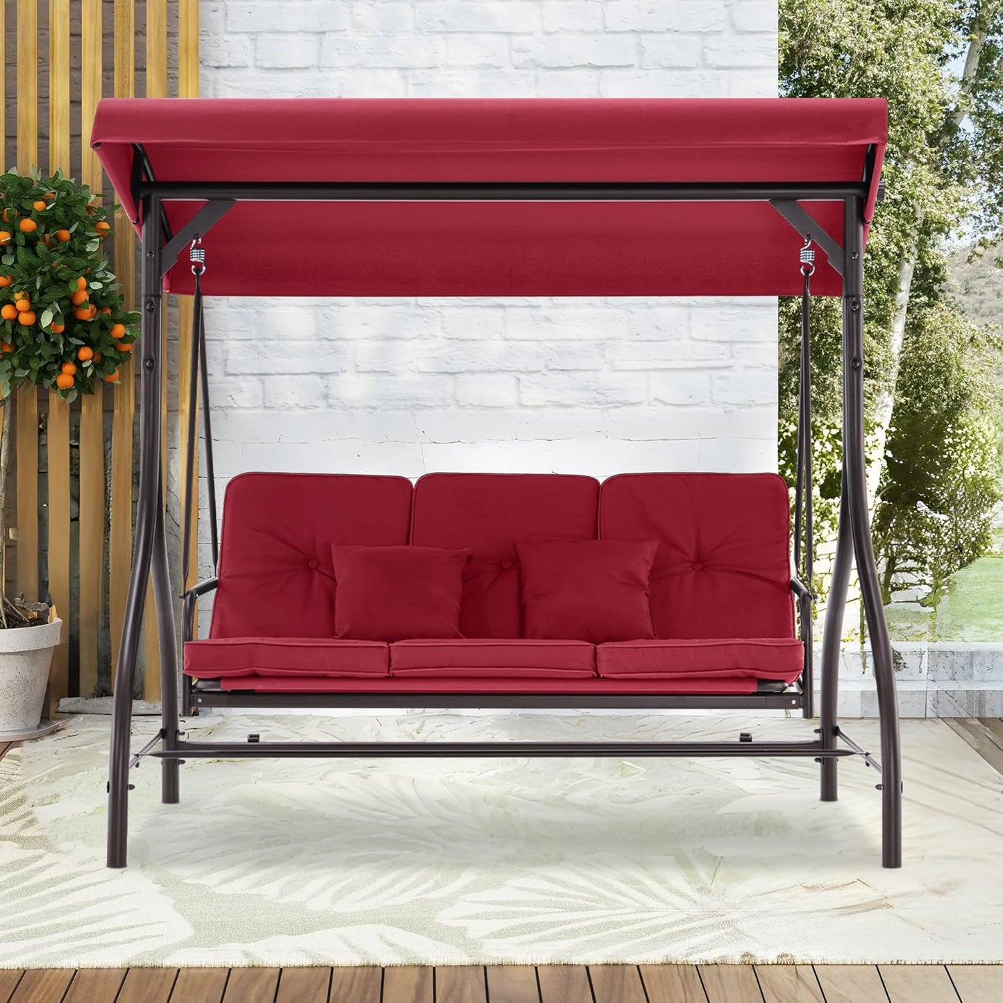 MCombo 3-Seat Outdoor Patio Swing Chair, 2-in-1 Convertible Porch Swing Glider Chair with Removable Cushions, Adjustable Canopy & Pillows for Backyard, Deck, Garden, 4068 (Burgundy)