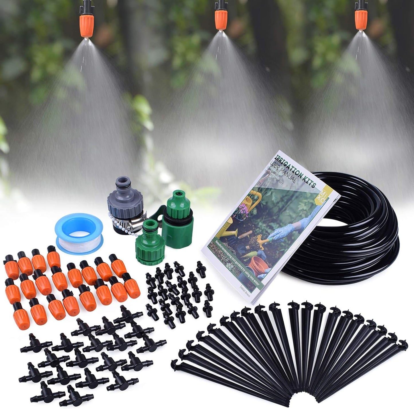 MIXC 1/4-inch Mist Irrigation Kits Accessories Plant Watering System with 50ft 1/4” Blank Distribution Tubing Hose, 20pcs Misters, 39pcs Barbed Fittings, Support Stakes, Quick Adapter, Model: GG0B