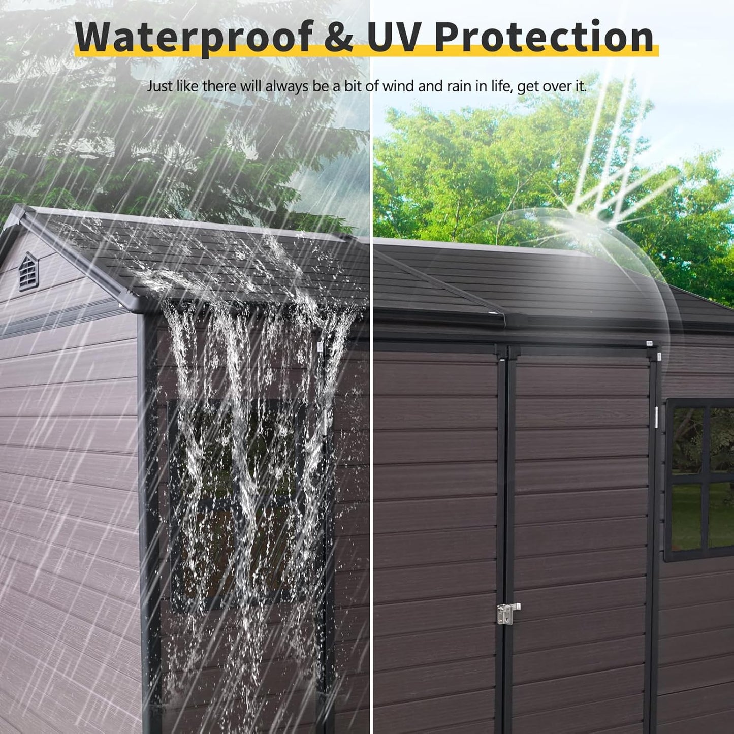 8x6 ft Outdoor Resin Storage Shed with Floor, Waterproof Plastic Garden Shed with Lockable Door and Two Windows, All-Weather Tool Sheds for Backyard, Patio, Lawn (Brown)