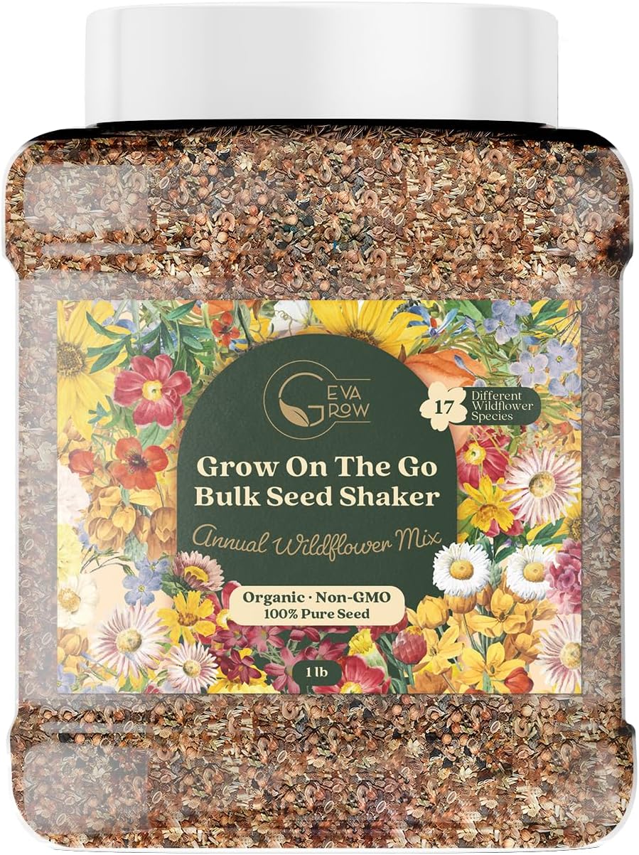 Wildflower Seed Shaker – Annual Mix by GevaGrow | 17 Variety Flower Seeds for Planting in Pots & Outdoor Gardens, Bulk 300,000+ Seeds - 1 Pound Tub